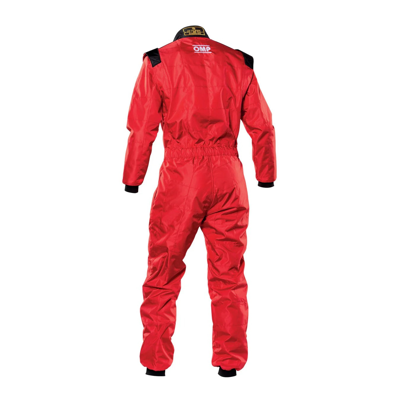 Back view of OMP KS-4 red kart racing suit showing reinforced stitching, stretch panels, and comfortable racer design.