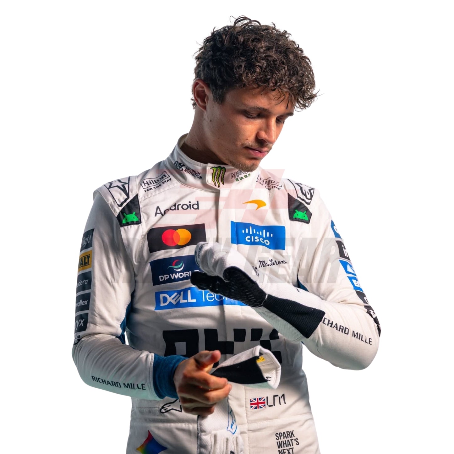 Close-up view of Lando Norris, race driver in a McLaren 2026 British GP white racing suit with multiple sponsor logos, including Mastercard, Dell, and Citrix, looking down at a small device in his hands against a solid white background.