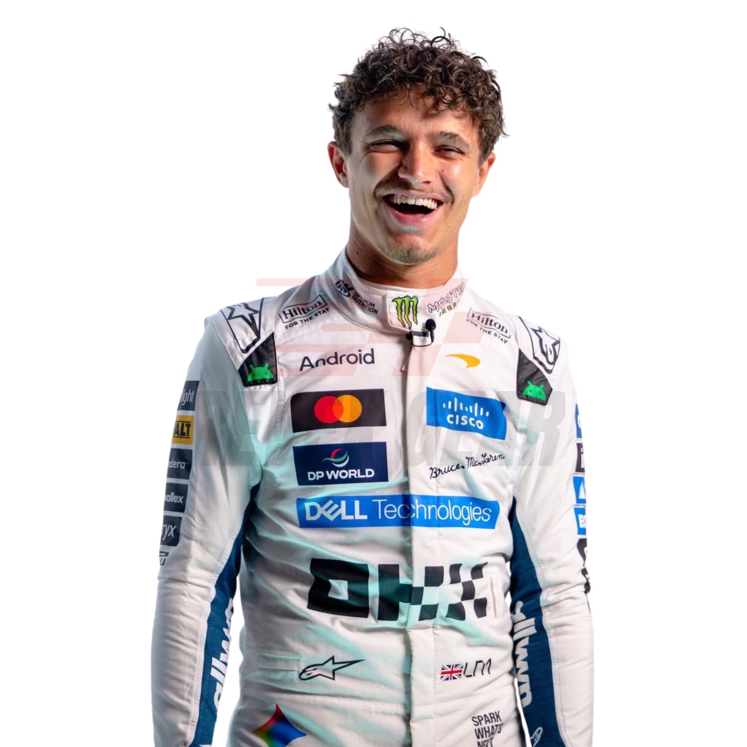 A smiling Lando Norris wearing a white and blue McLaren British GP F1 racing suit with multiple sponsor logos, photographed against a plain white background.