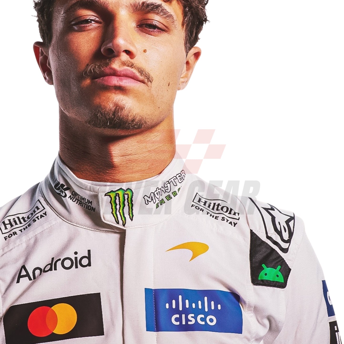 A close-up portrait of Lando Norris wearing a white McLaren 2026 British GP F1 racing suit with multiple sponsor logos, including Hilti, Monster Energy, Mindtree, Android, Mastercard, Cisco, and the yellow arrow logo, against a plain white background.
