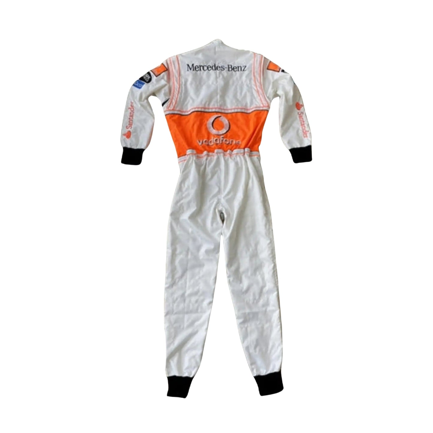 Back view of Lewis Hamilton's 2008 race suit, featuring intricate Vodafone embroidery and a sleek design crafted from durable, breathable fabric