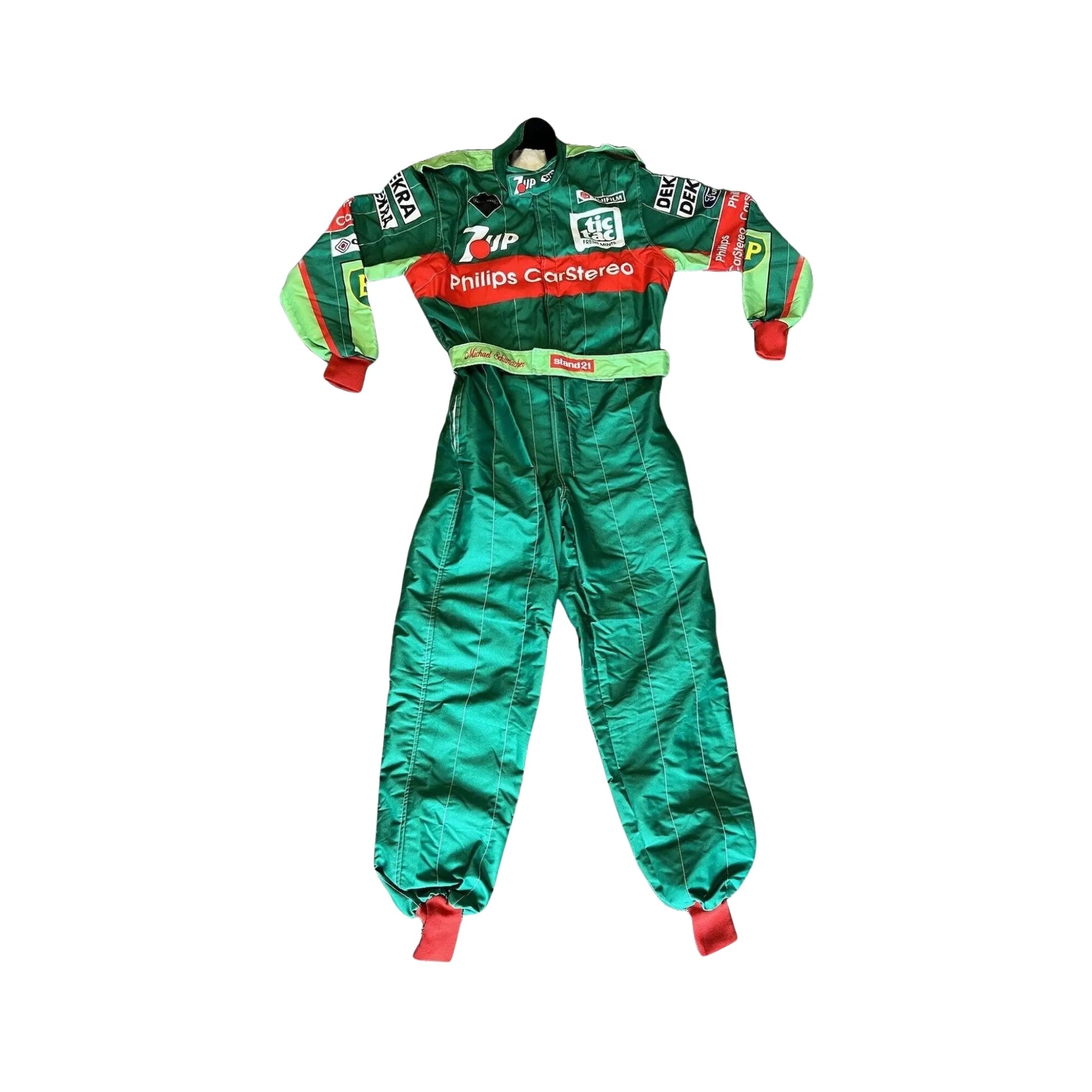 Front view of Michael Schumacher's 1991 Belgian GP race suit, showing the vibrant green and blue 7UP design with durable two-layer fabric construction