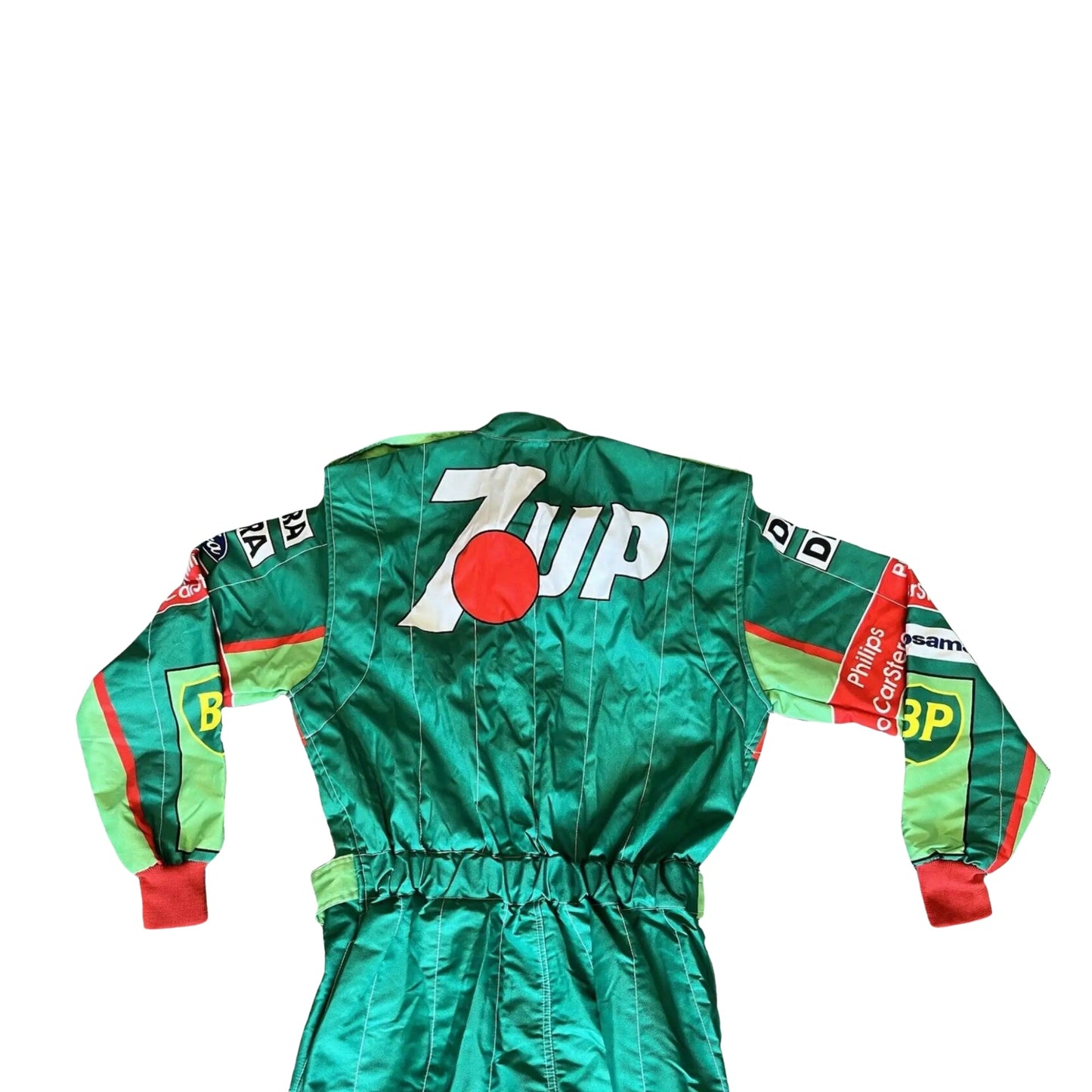 Back close up view of Schumacher’s 1991 Jordan F1 race suit, featuring detailed sponsor embroidery and a comfortable two-layer fabric for racing durability