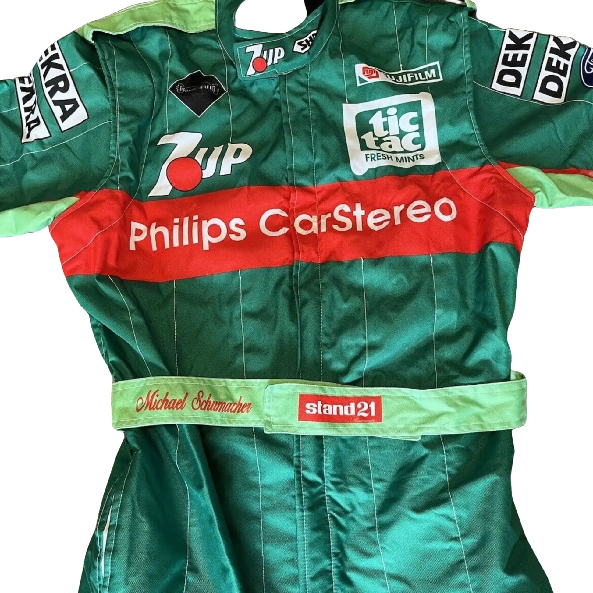 Front Close-up of Schumacher’s 1991 race suit embroidery, showcasing precise stitching on the two-layer fabric that combines style and durability.