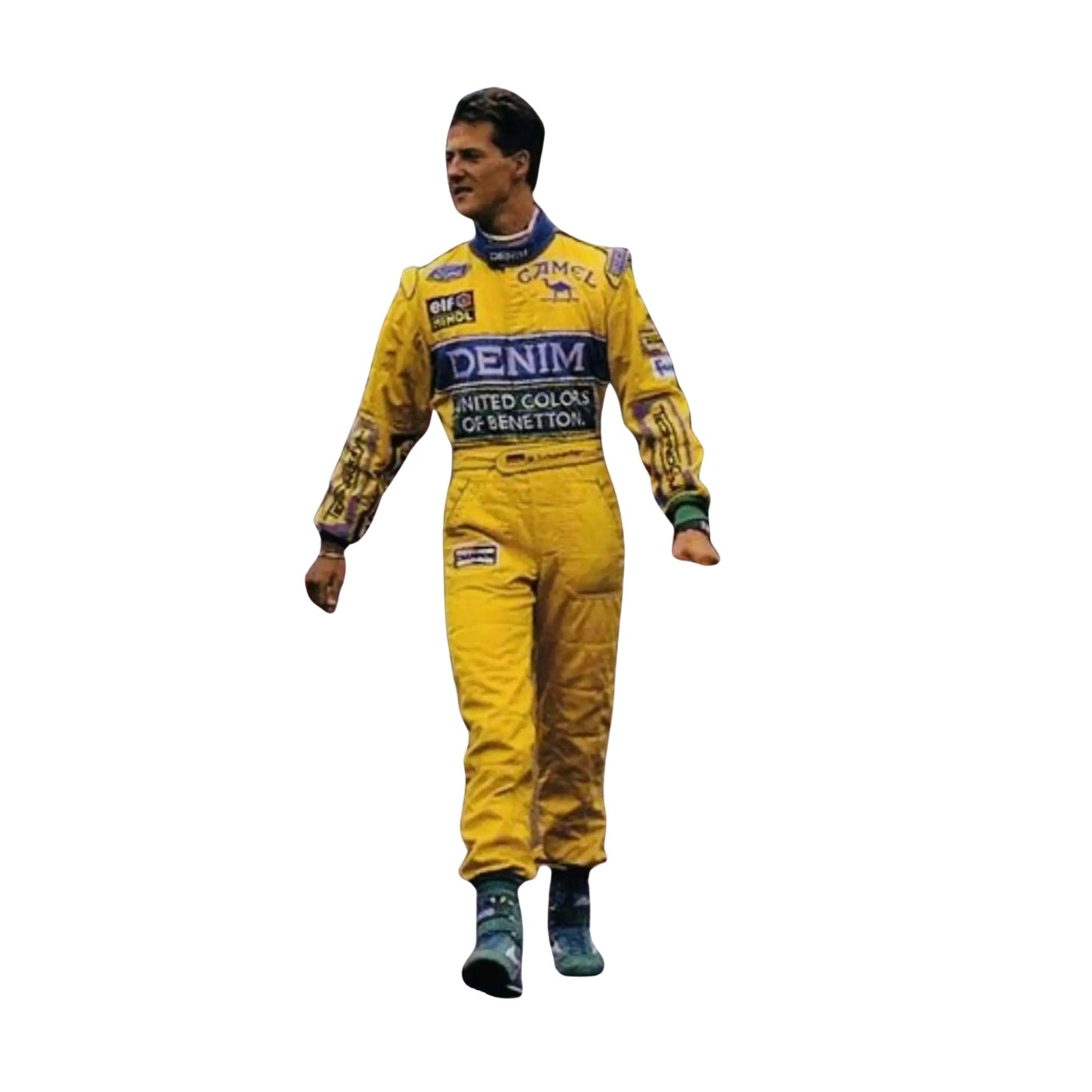 Front view of Michael Schumacher's 1991 Jordan F1 race suit, showing yellow 7UP branding with embroidered logos on a durable two-layer fabric.