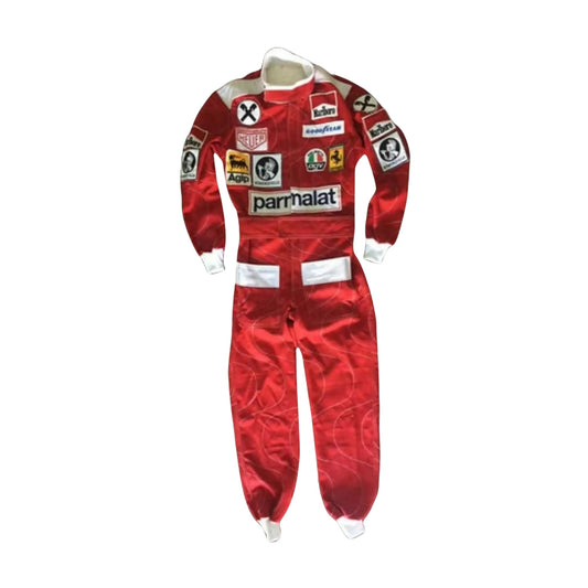 Front view of Niki Lauda's 1976 Ferrari race suit, showcasing classic red with iconic sponsor embroidery on a durable, race-ready fabric