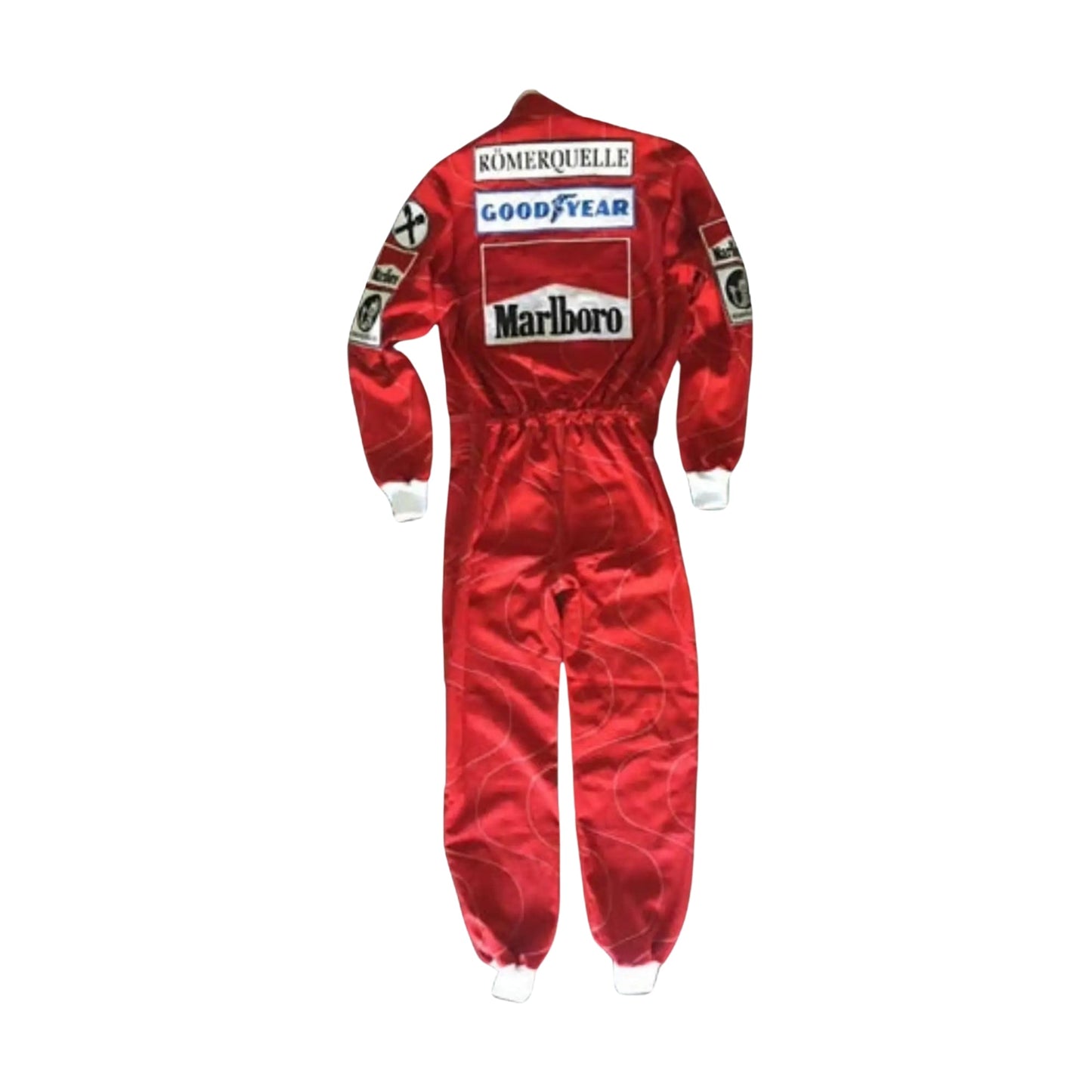 Back view of Lauda's 1976 Ferrari suit, featuring embroidered Marlboro branding and breathable fabric suited for high-performance racing.