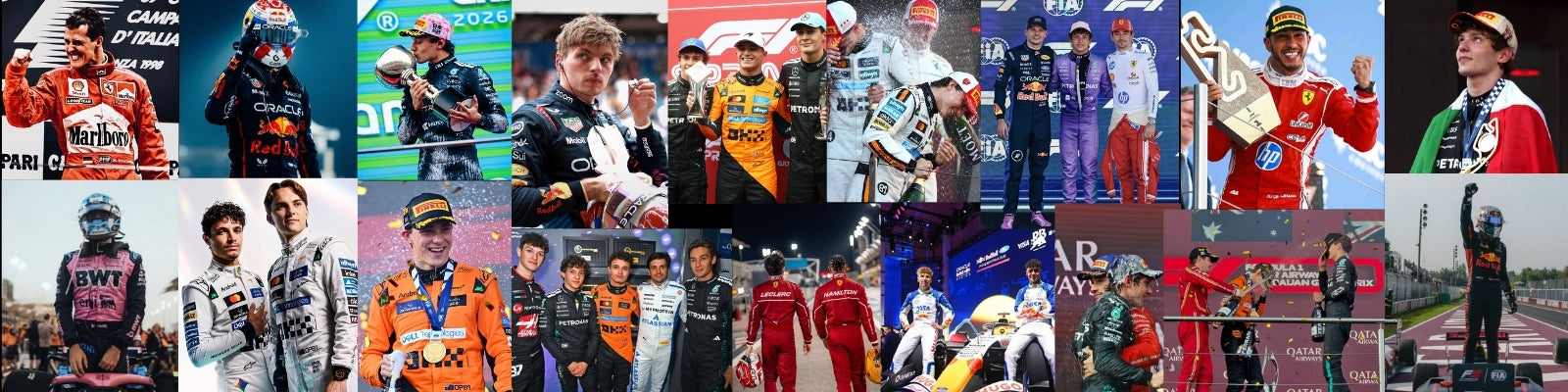 A collage of multiple racing photos showing drivers and team members in colorful racing suits and helmets on podiums and trackside, with sponsor logos and race banners visible - Revex Gear