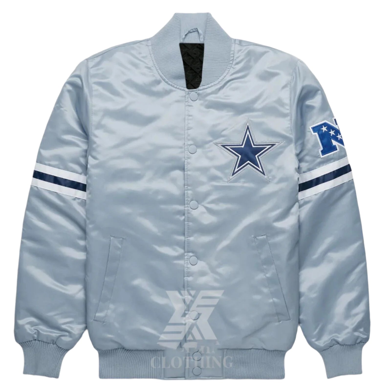 NFL Dallas Cowboys Leader Silver Satin Letterman Bomber Varsity Jacket Full-Snap