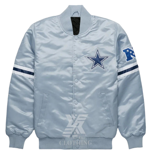 NFL Dallas Cowboys Leader Silver Satin Letterman Bomber Varsity Jacket Full-Snap