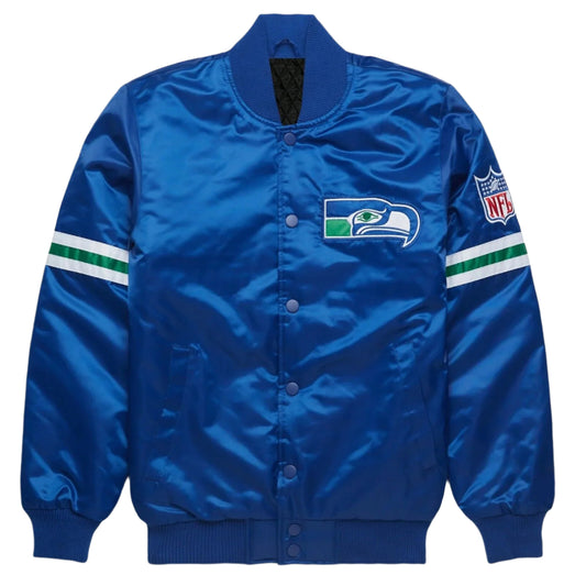 NFL Seattle Seahawks Blue Satin Bomber Style Letterman Full snap Varsity Jacket