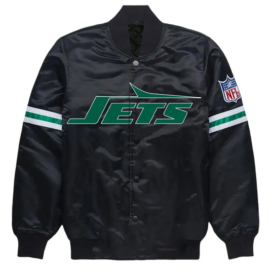 NY Jets Black Satin Bomber Style Letterman Full snap Embroidered Varsity Jacket