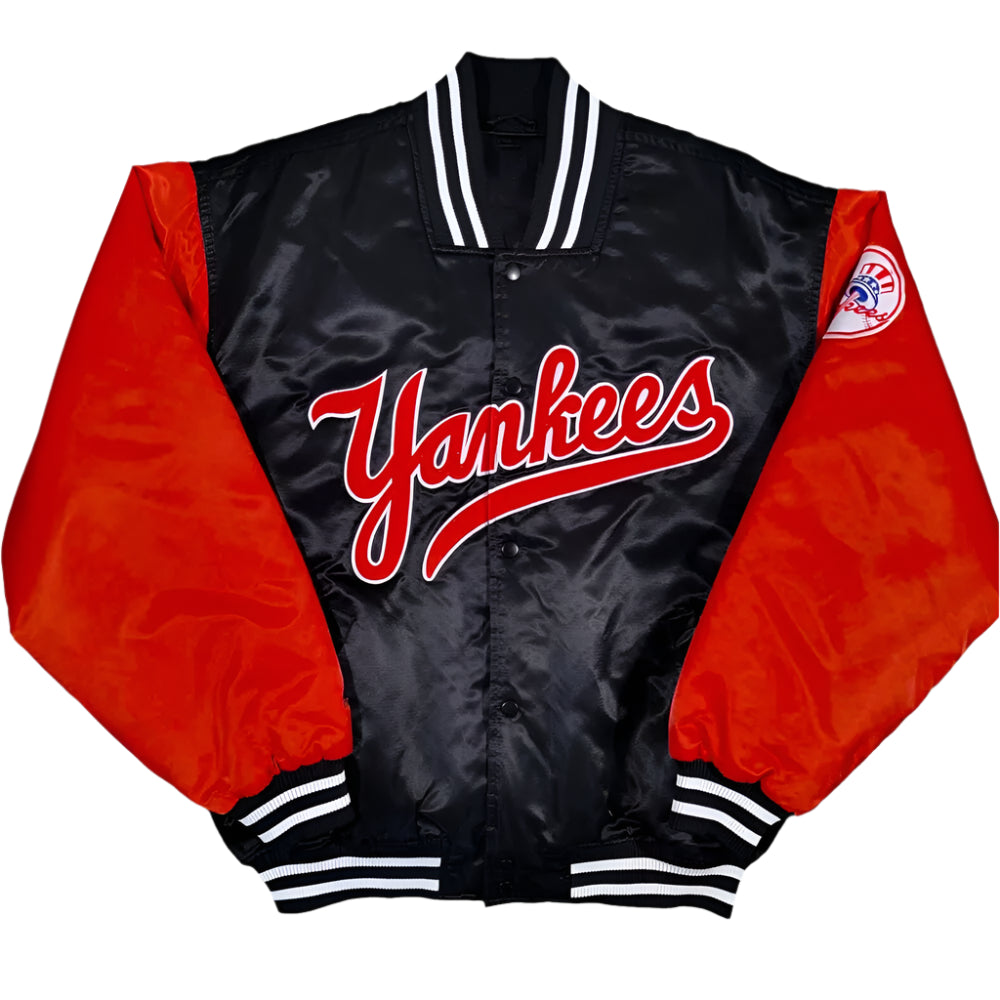 NY Yankees Vintage 90s Athletic BLACK and RED Satin Bomber Style Varsity Jacket