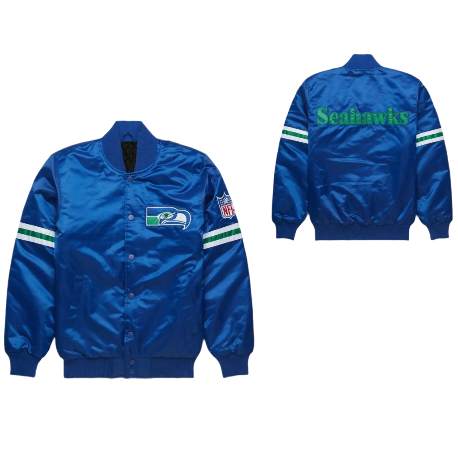 NFL Seattle Seahawks Blue Satin Bomber Style Letterman Full snap Varsity Jacket-02