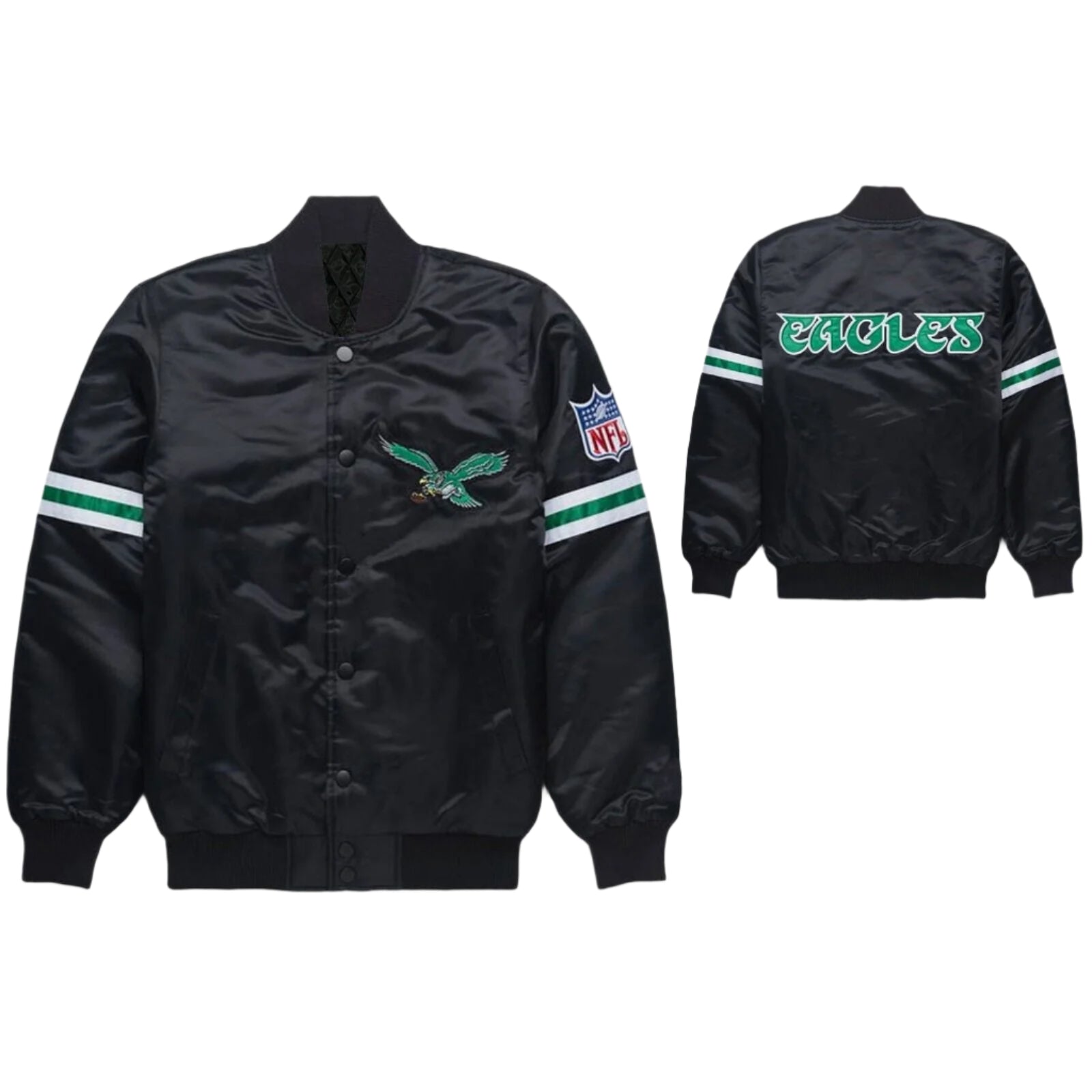 NFL Philadelphia Eagles Unisex Satin Bomber Style Full Snap Varsity Jackets-03
