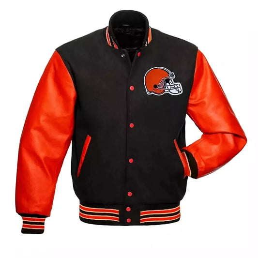 Letterman Cleveland Browns Black Wool Varsity Jacket With Leather Sleeves