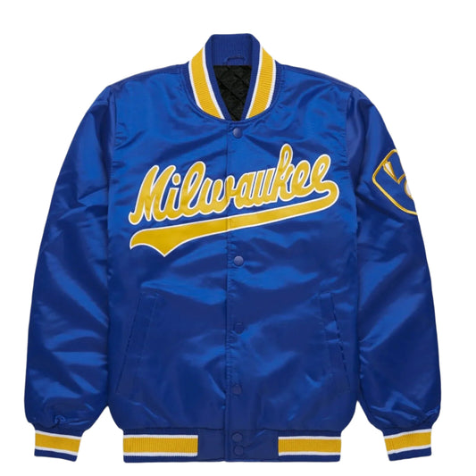 Milwaukee Brewers MLB Royal Satin Letterman Baseball Bomber Varsity Jacket