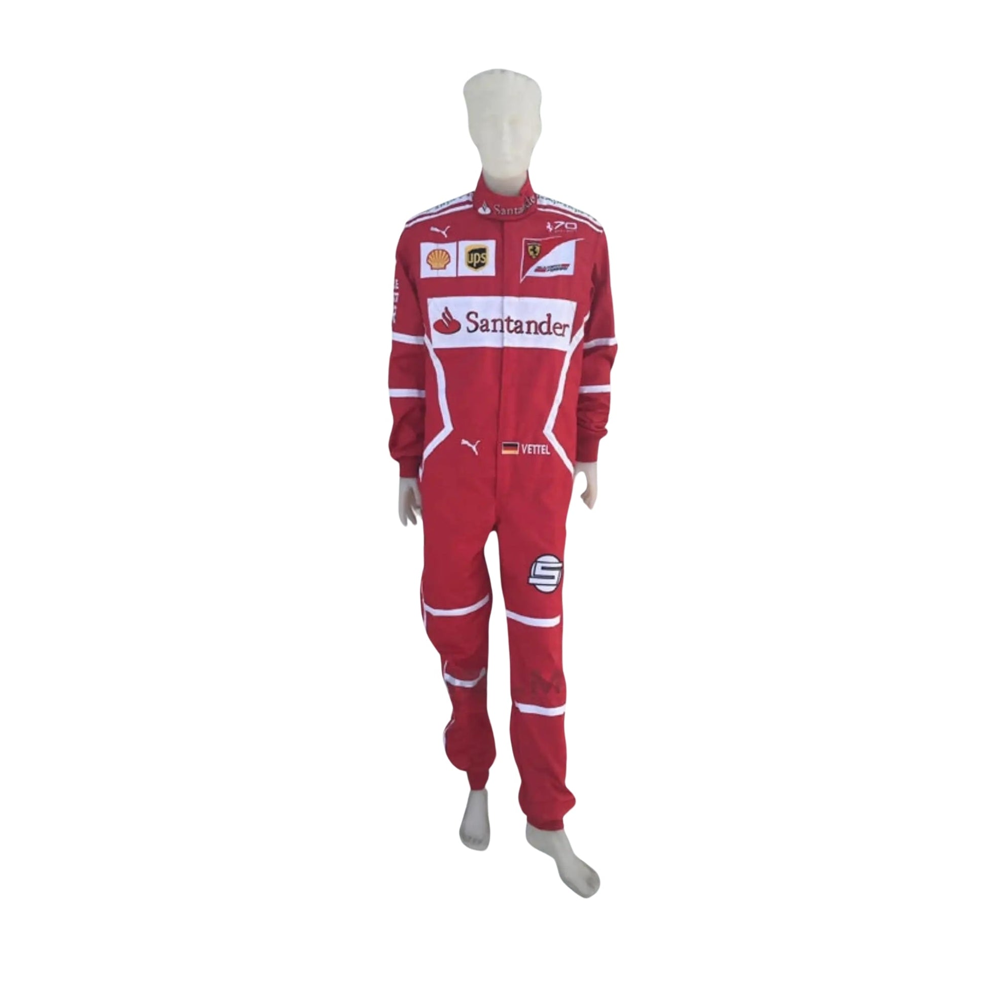 Front view of Sebastian Vettel's 2017 Ferrari F1 race suit, showcasing Ferrari red with embroidered sponsor logos on durable, two-layer fabric.