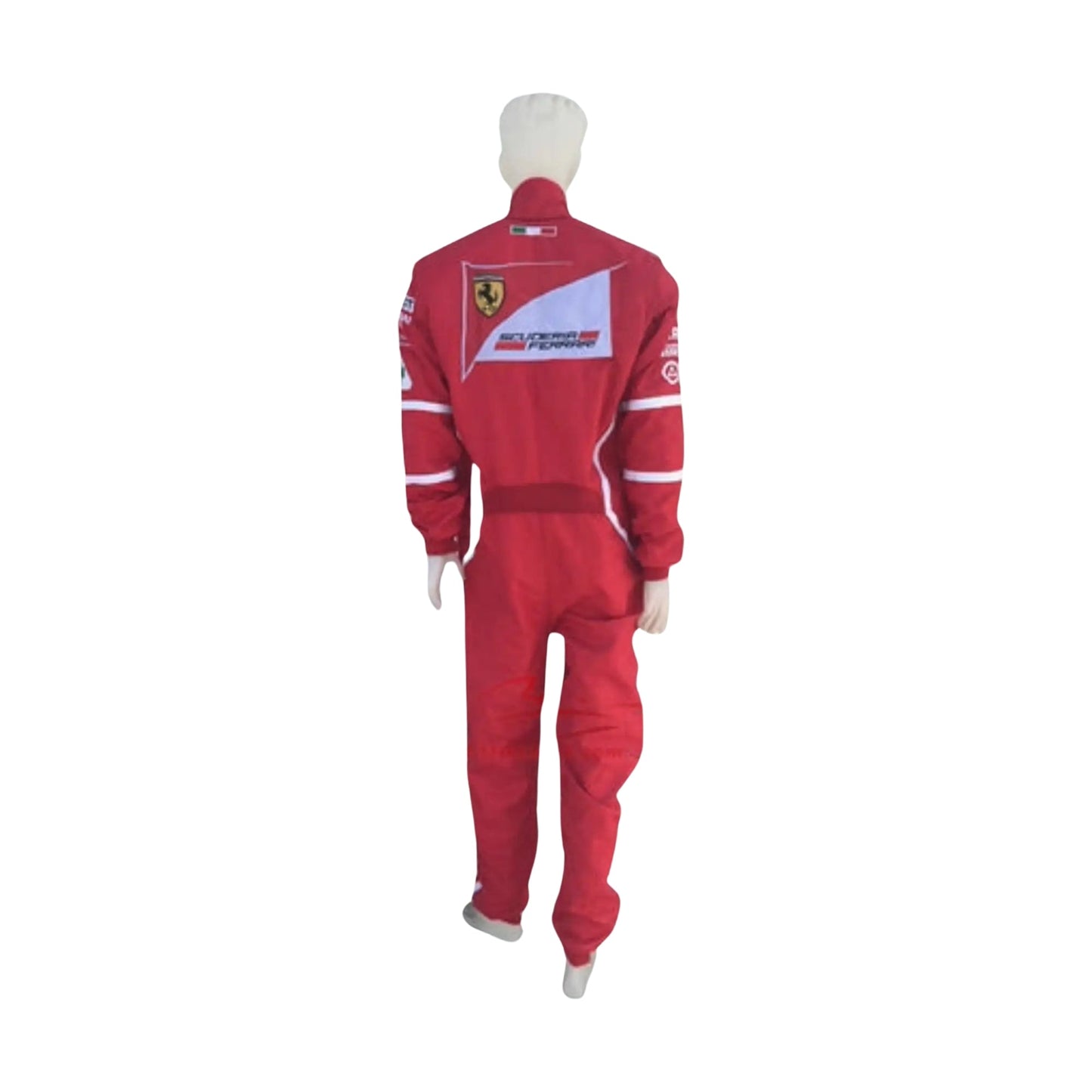 Back view of Vettel’s 2017 Ferrari race suit, featuring Ferrari branding and detailed sponsor embroidery on breathable, high-quality fabric.