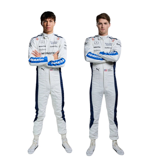 Alexander Albon and Logan Sargeant posing together in William F1 Racing Suits.