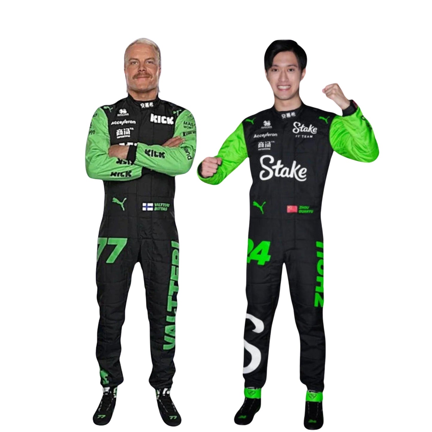 Guanyu Zhou and Valtteri Bottas posing together in Alfa Romeo F1 Racing Suits.