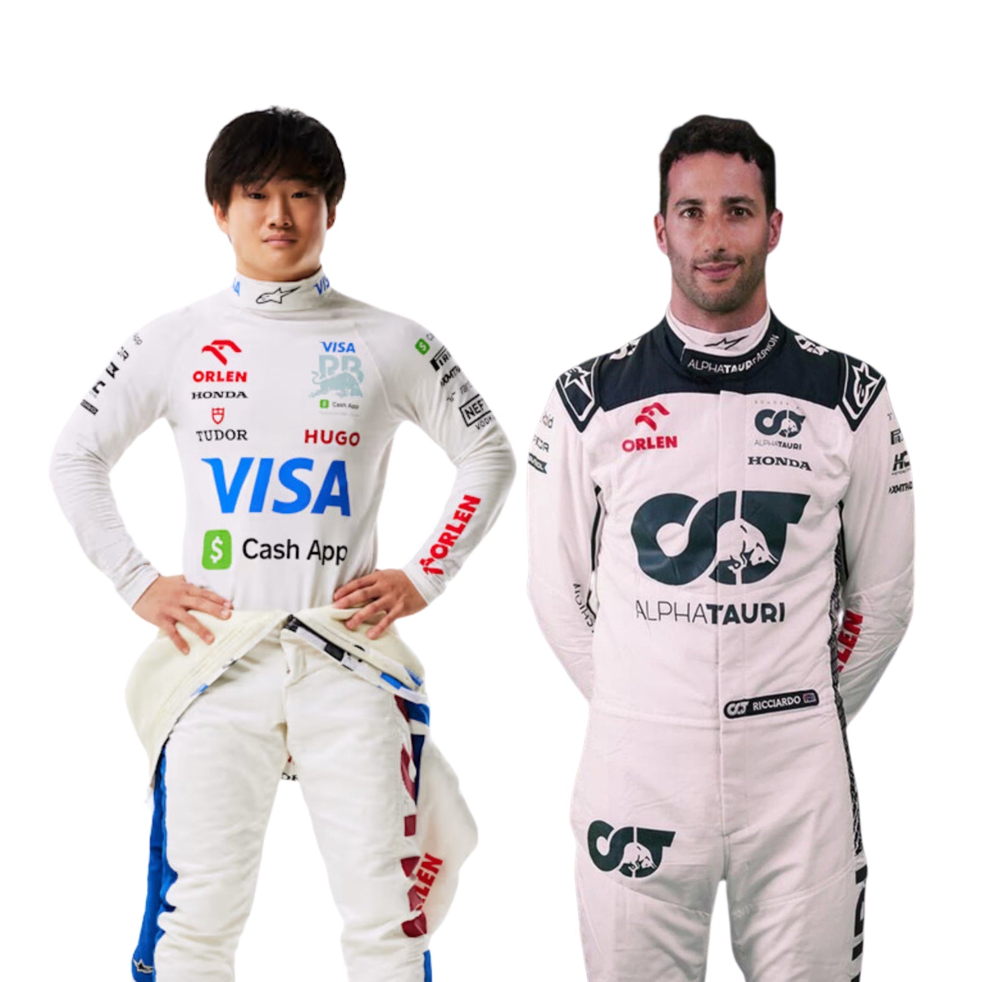 Daniel Ricciardo and Yuki Tsunoda posing together in AlphaTauri F1 Racing Suits.